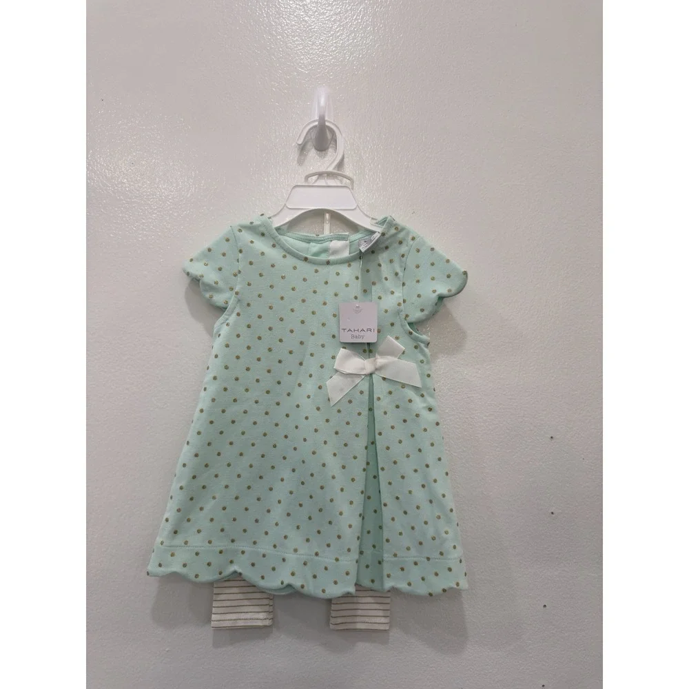Tahari Baby Girls 2-Piece Dress & Leggings Set Mint Green Gold Polka Dot NWT 12M